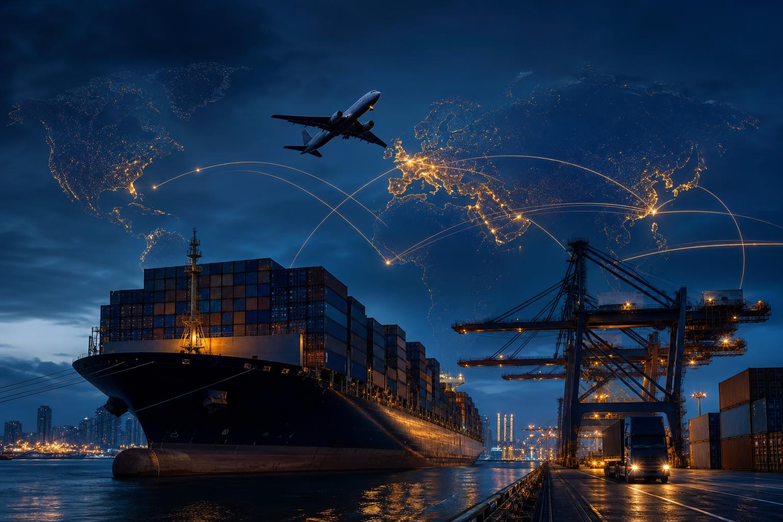 Container ship, cargo aircraft, port cranes and a freight truck connecting Europe, the Middle East and Asia with gold trade routes